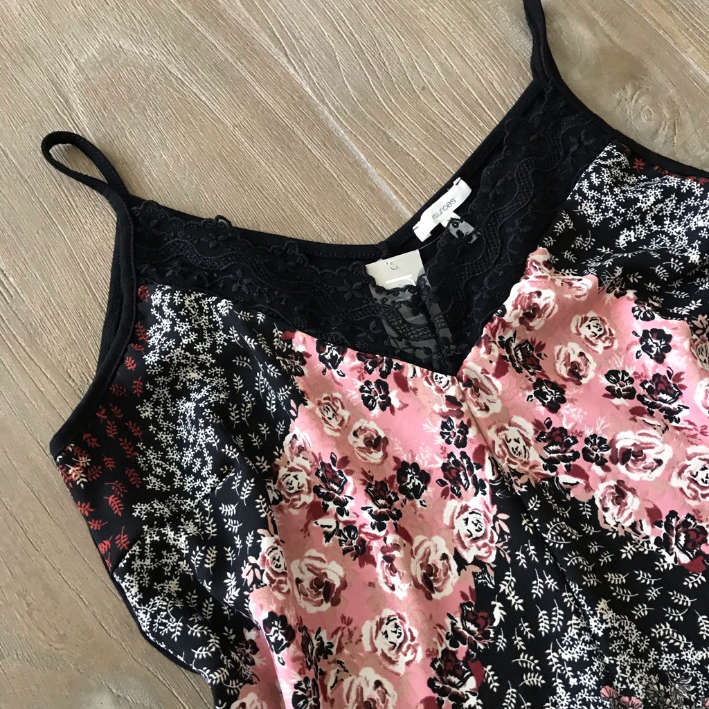 Black Floral Print Lace Trim Tank